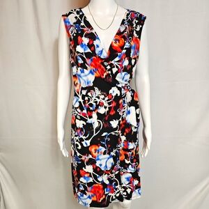 Dana Buchman Wrap Dress Large Sleeveless Floral Print Stretch Jersey Work Casual